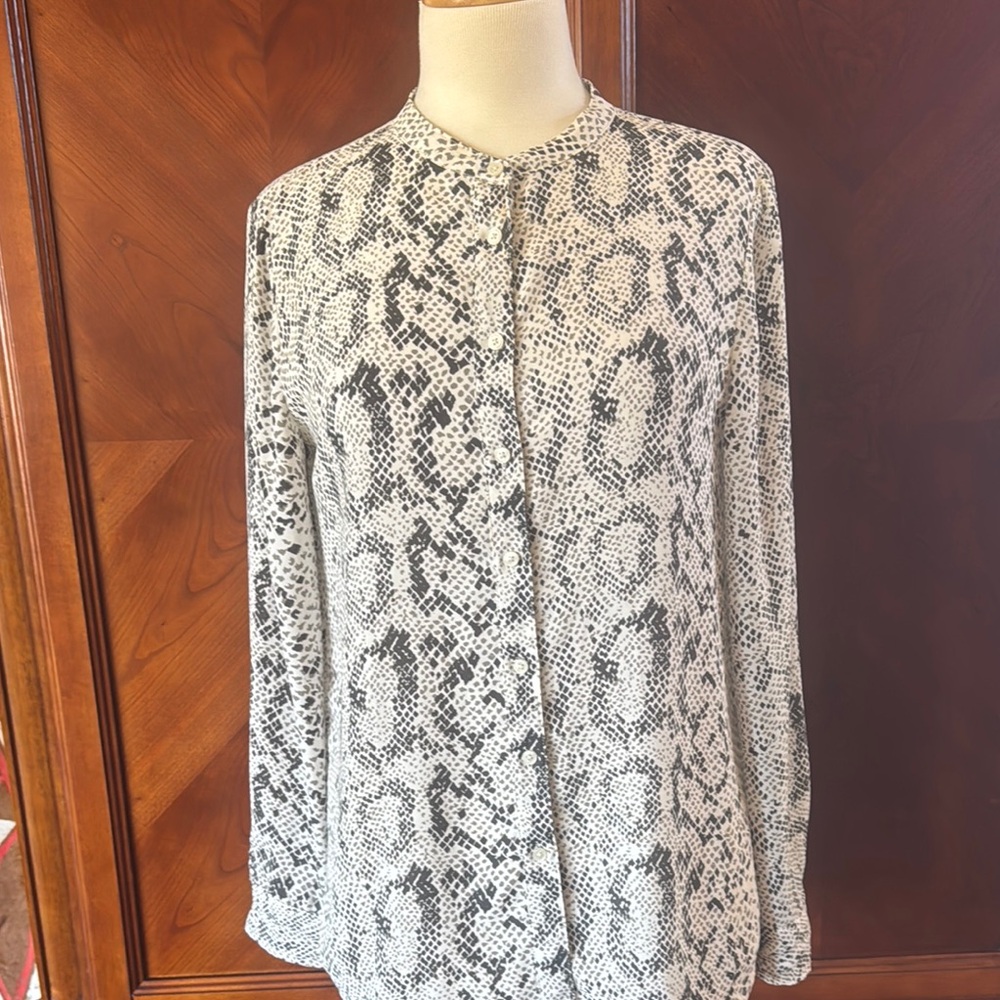 J. Crew Gray Blouse with Lace Pattern and Mandarin Collar